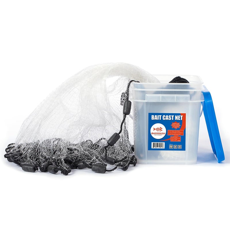BASSDASH American Saltwater Fishing Cast Net 3/8 1/4-Inch Mesh 4ft 6ft 8ft Radius, 1-Pound Per Foot, for Bait Fish with Utility Bucket Casting - Image 1